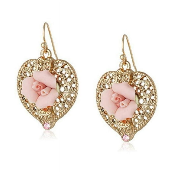 1928 Jewelry Women's Filigree Heart Pink Porcelain Rose Crystal Accent Heart Drop Earrings