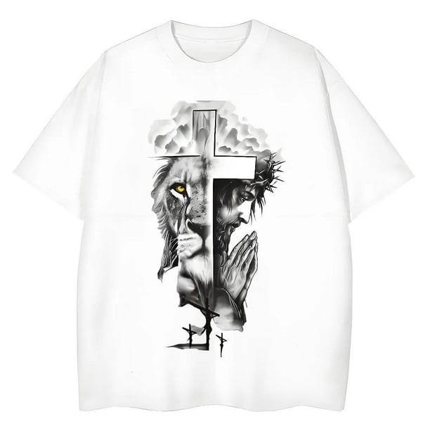 Men's Casual Figure & Lion Cross Printed Short Sleeve T-Shirt, Summer