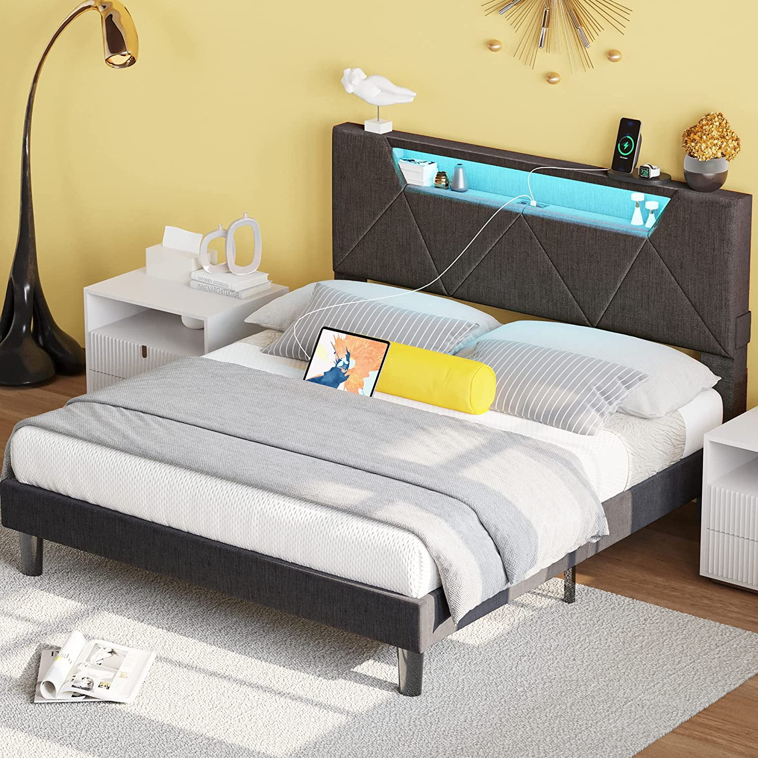 ANCTOR Full Size Bed Frame with Storage Headboard and Power Outlet, LED