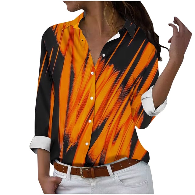 Camisas de Mujer Casual, Manga Larga Serie Naranja Impresa Botón de Solapa Hasta Blusa de Ajuste Regular Hecha de Poliéster para Todas las Estaciones, Botón de la Camisa de las Mujeres