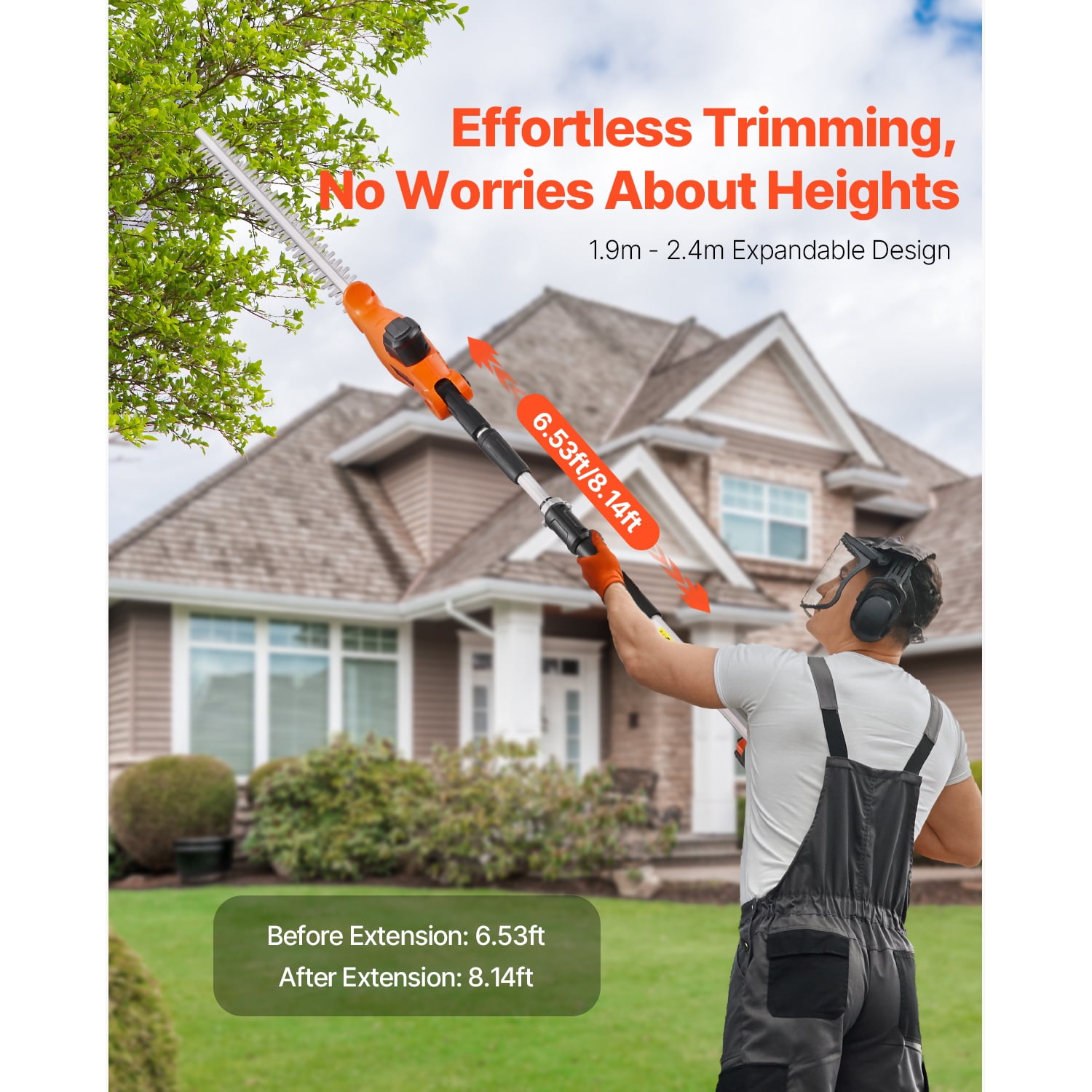 KFFKFF Cordless Hedge Trimmer, 1200 RPM, Extendable 6.2 - 7.8 Ft, Pole Trimmer for Elevated Branches, Comes with 20V Battery, 20 in Blade with 5 Adjustable Angles, for Yard and Garden Maintenance