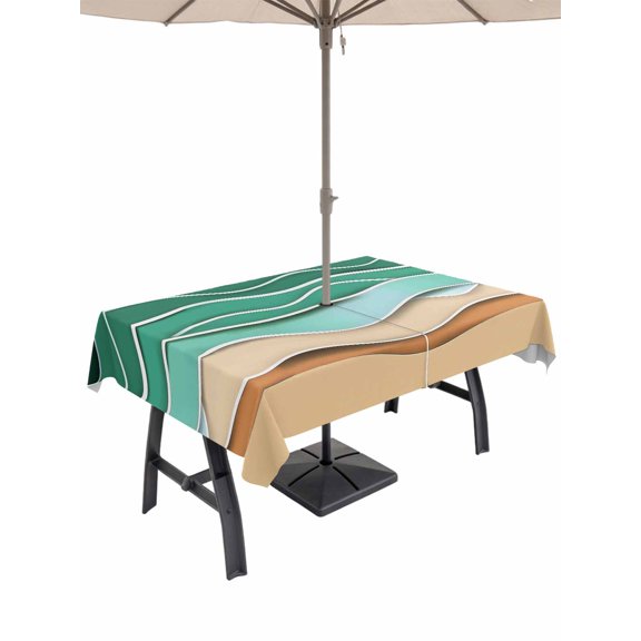 Outdoor Tablecloth with Umbrella Hole, Green Beach Spillproof Waterproof Outdoor Table Cover, Abstract Stripes Gradient Ocean Brown Sand Patio Tablecloths for Party Picnic Camping, Rectangle 60"x120"