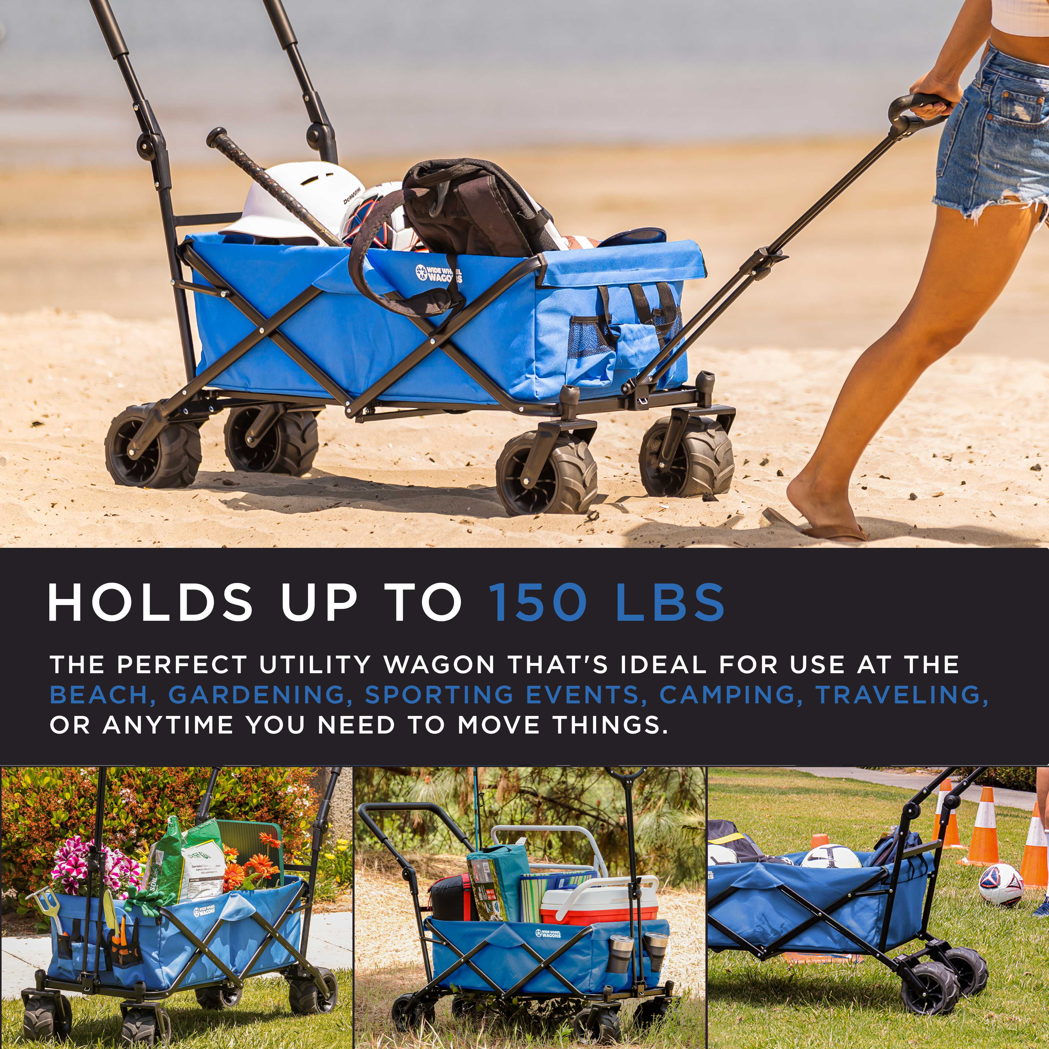 Sporting Events Beach Picnic Park Blue Wide Wheel Wagon All Terrain Folding Collapsible Utility Wagon with Push Bar Portable Rolling Heavy Duty 265 Lb Capacity Canvas Fabric Cart Buggy Garden 
