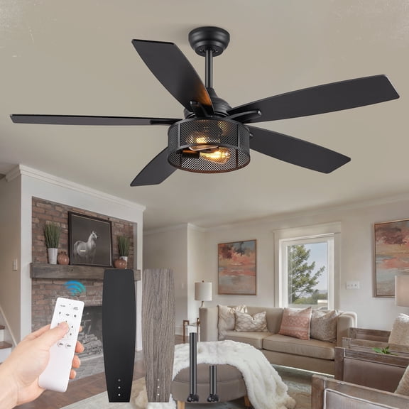 Lokivas 52" Black Farmhouse Ceiling Fan with Light and Remote, Quiet 6-Speed Reversible DC Motor, 5 Dual-Finish Blades for Living Room and Bedroom