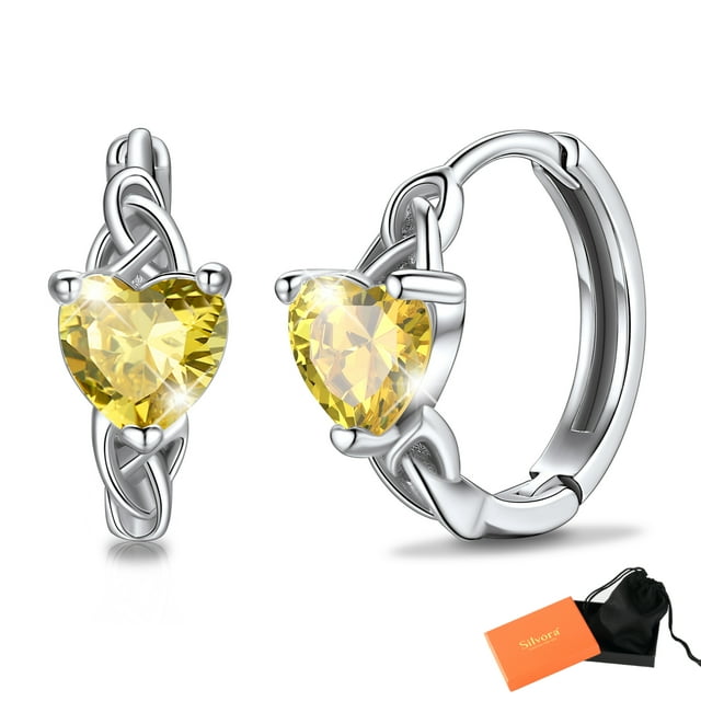 Pendientes de aro de plata de ley con piedras natales Silvora para mujer. Diamantes creados. Delicada joya de regalo para cumpleaños o Navidad