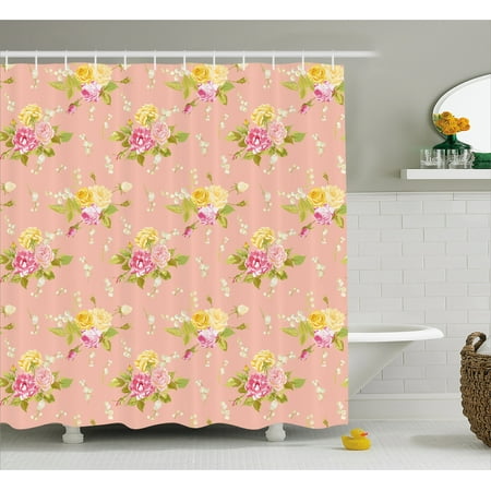 Shabby Chic Decor Shower Curtain, Colorful Vintage Roses Corsage Diagonal Pattern Bridal Wedding Theme, Fabric Bathroom Set with Hooks, 69W X 70L Inches, Multicolor, by