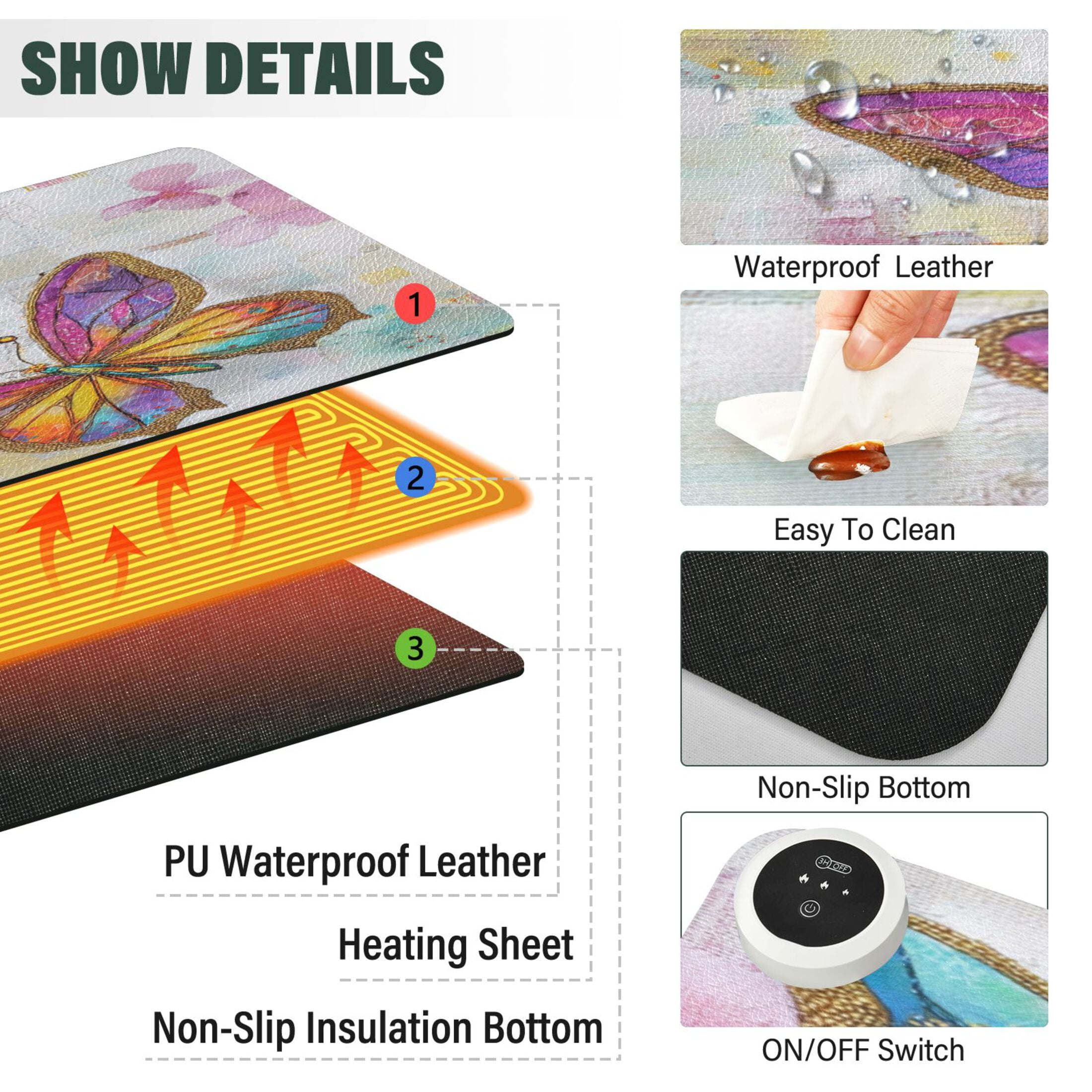 Wobogo Artistic Butterfly Heated Mouse Pad Extra-Large Desk Mat With 3 Heating Levels and 3-hour Auto Shut-Off Protection Ideal for Computer Keyboards Home Office Hand-warming Essential 31.5in × 13in