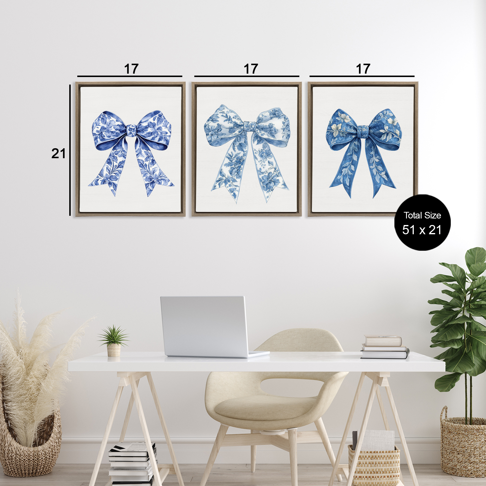 Vintage Toile Pattern Bows 3 Piece Brown Framed Floater Canvas Set, design by Lettered and Lined