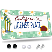 1 Pcs Daisies on Green License Plate Frame, License Plate Cover for Car Decorative Parts, Aluminum License Plate Bracket Holder Rust-Proof Weather-Proof for US Standard Car