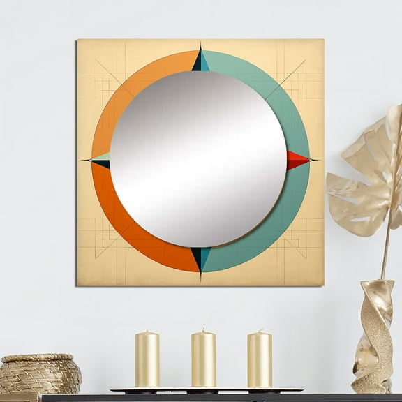 Designart "Vintage Compass Design With Midcentury Abstract Geometry" Modern Midcentury Square Mirror For Wall Decor - Large Blue Square Printed Wall Mirror Art - Square Mid-Century Wall Mirror