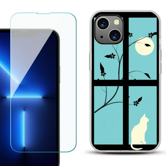 OneToughShield ® for iPhone 15 Fashion Phone Case, with Tempered Glass Screen Protector - Moon/Cat