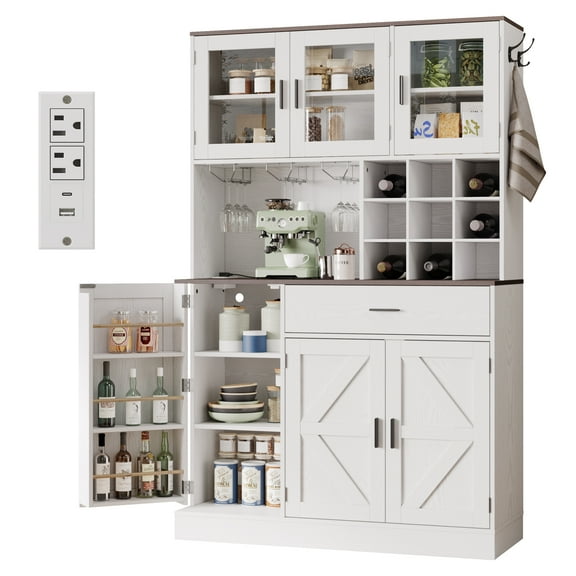 ANCTOR Kitchen Pantry Storage Cabinet with Glass Door, Kitchen Hutch Buffet Cabinet with Drawer, Power Outlet, Wine Rack