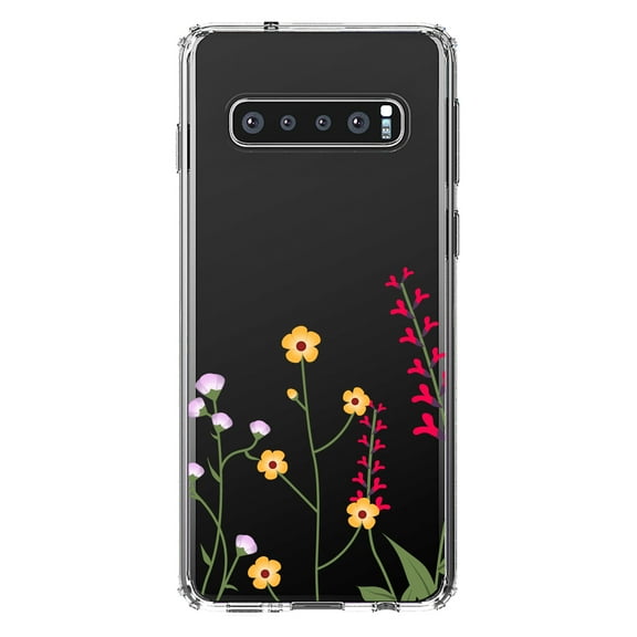 DistinctInk Clear Shockproof Hybrid Case for Samsung Galaxy S10 (6.1" Screen) - TPU Bumper Acrylic Back Tempered Glass Screen Protector - Wildflowers Yellow Pink Purple