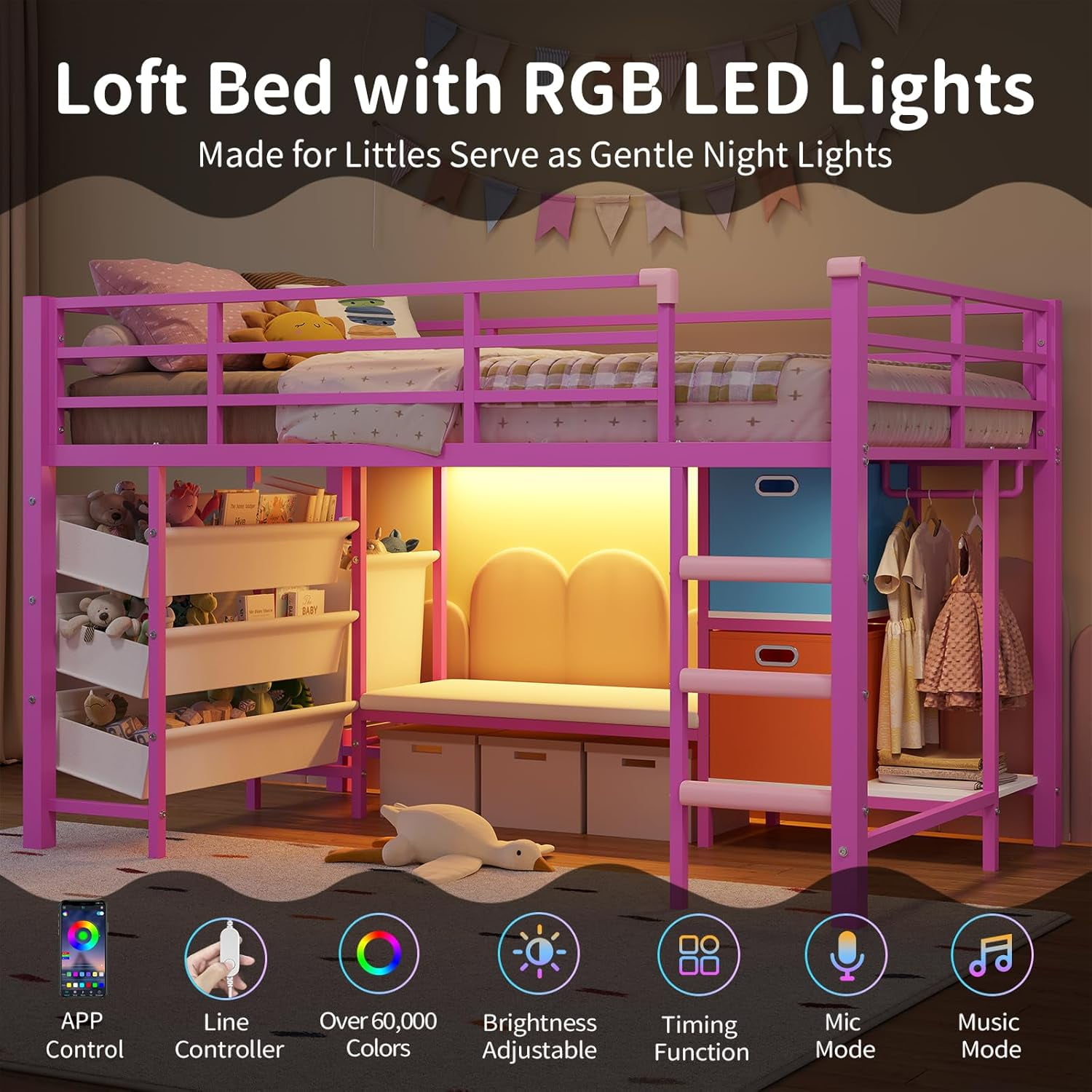 Mabor Twin Size Loft Bed with LED Lights & Reading Bench, Metal Loft Bed Frame with Bookshelf & Storage Basket & Stairs & Full-Length Guardrail for Bedroom, Pink