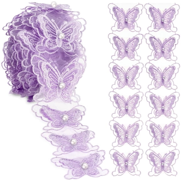 Topboutique Butterfly Pearl Lace Trim Butterfly Embroidery Organza Lace Ribbon Edging Trimmings for Wedding Accessories Dress Decor DIY Sewing Crafts,4 Yards,6*4cm/2.4*1.6in,Purple
