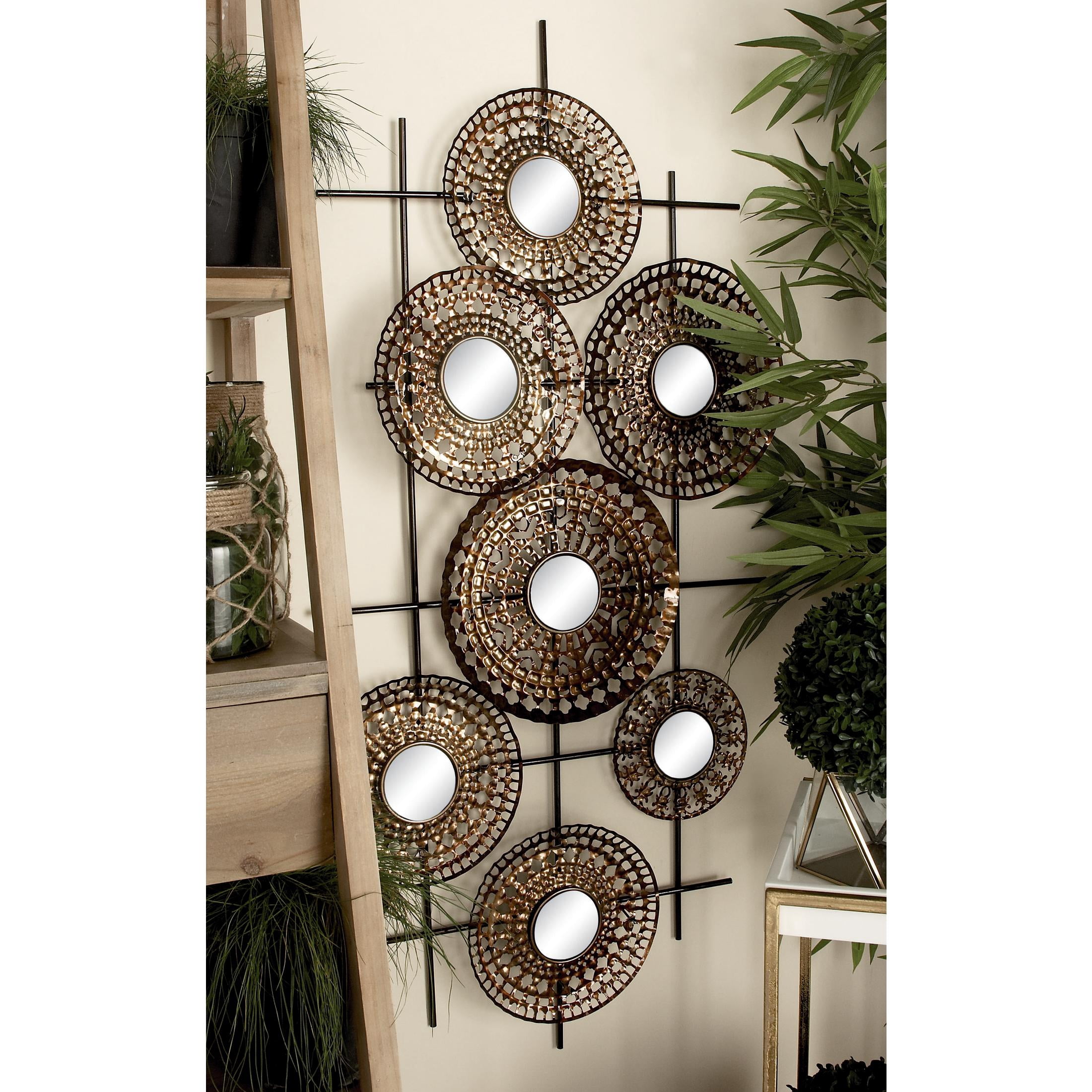 DecMode Bronze Metal Cutout Plate Wall Decor with Round Mirrored Accents and Black Rods