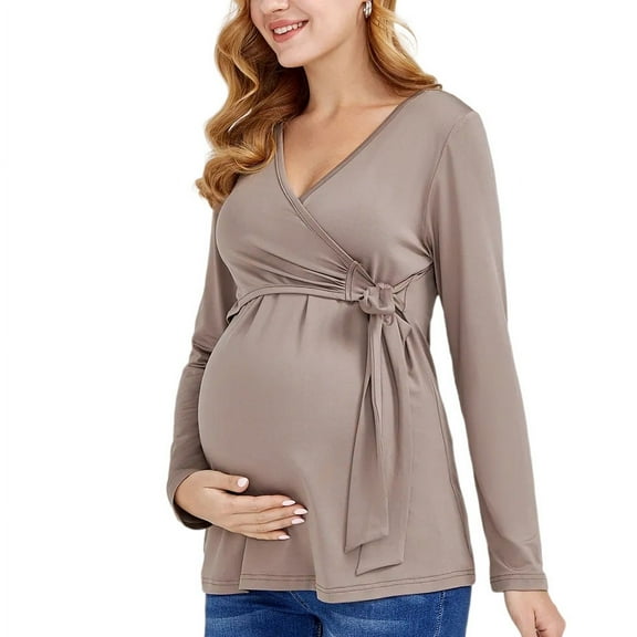 Olyvenn Long Sleeve Maternity Nursing Top Casual Solid Shirts Loose Breastfeeding Blouse Side Straps Pregnancy Pullover Tee Coffee 6