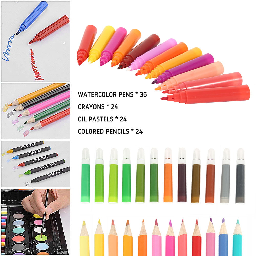 QISIWOLE 150PCs Children Watercolor Marker Pen Sets,36 Watercolor Pens, 24  Colored Pencils, 12 Color Gouache, 24 Color Crayons, Common Tools