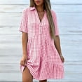 thumbnail image 4 of QUNYINEY Short Sleeve Women's Dresses Summer Midi Plaid Faux Cotton Linen A Line Dress Pleated Collared Loose Fit Button Dresses, 4 of 7