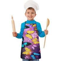 Purple Yellow Blue Butterfly Pattern Kids Aprons for Girls and Boys,Adjustable Neck Strap Toddler Aprons for Kids Cooking Baking