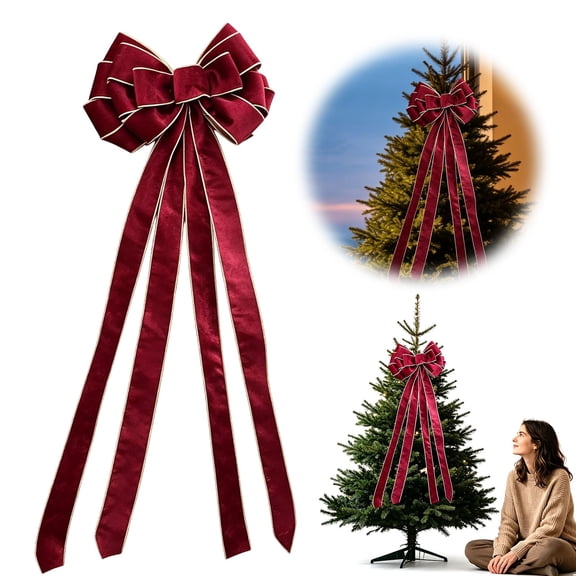 Christmas Tree Bow Ornaments, 47.24X11.81" Burgundy Velvet Large Pre‑Tied Holiday Bows, Gold‑Trimmed Xmas Decorative Bows with Long Streamers, Luxury Velvet Hanging Bow Decorations, Festive Big Bow