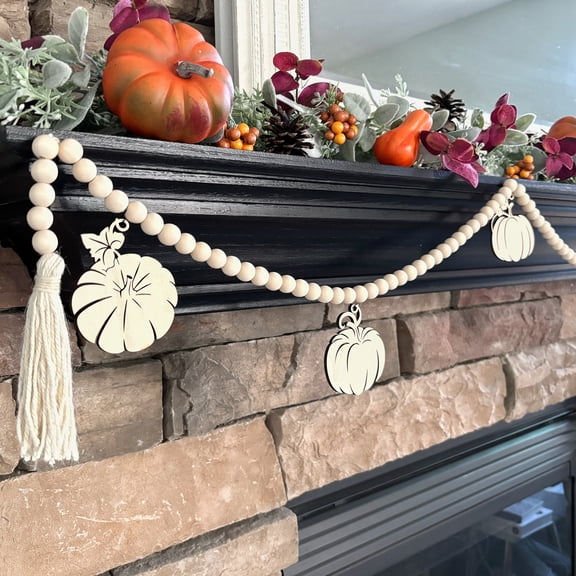 Inspired Indigo Fall Pumpkins Wood Bead Garland, Fireplace Mantel Decor for Autumn