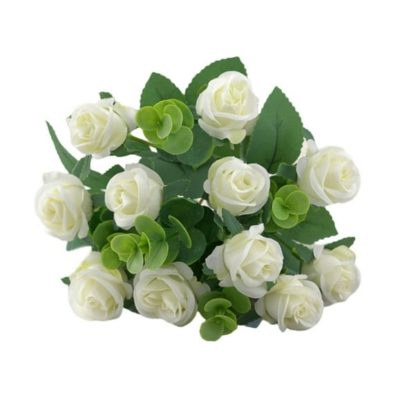 Farfi 1 Bouquet Artificial Rose 5 Branches 11 Heads Realistic Green Leaves Easy Care Non-withered Artificial Eucalyptus Faux Silk Rose Flower Balcony Decor (White)