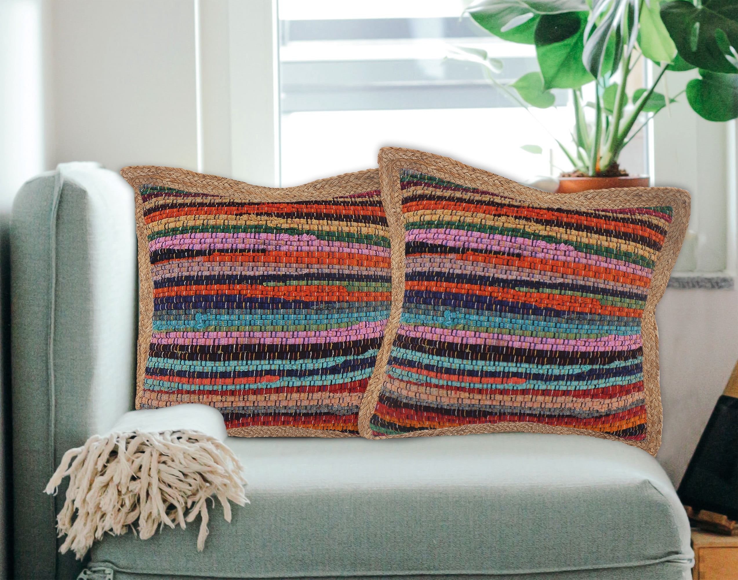 LR Home Ringo Set of 2 Rainbow 20" x 20" Jute Bordered Striped Cotton Blend Adult Decorative Throw Pillow Set