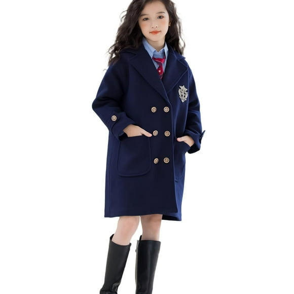 Lovzfmll Girls' Wool Blend Trench Coat, Preppy Style Winter Jacket, Padded & Thickened, Casual Outerwear for Teen Girls, 13-14 Years