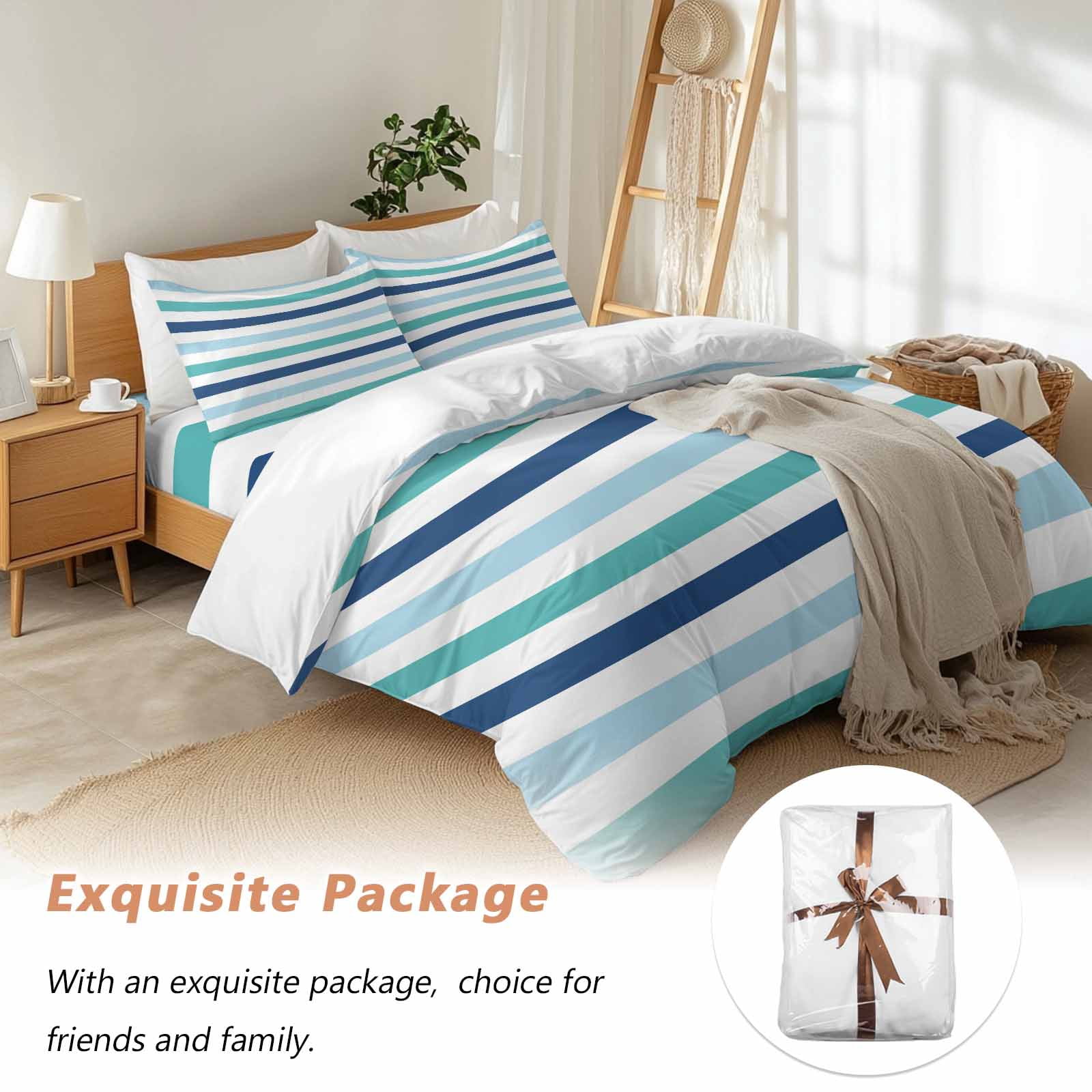 Blue Turquoise Navy Striped Duvet Cover Set Queen Size, Modern Minimalist Abstract Lines 4 Piece Soft Microfiber Bedding Set with 1 Duvet Cover, 1 Flat Sheet, 2 Pillowcases
