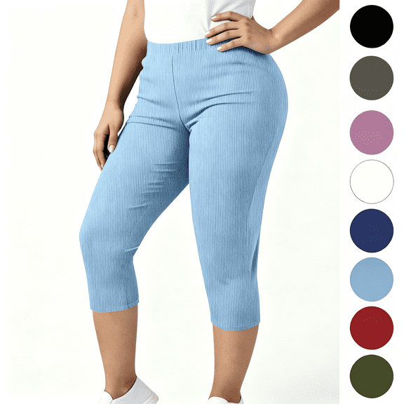Nugftut Womens Capris Plus Size, Solid Color Yoga Pants Elastic Waist Capri Leggings