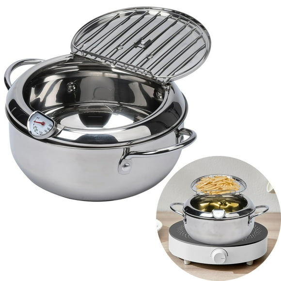 Aoile Deep Fryer Pot, Stainless Steel Frying Pan with Thermometer & Oil Draining Rack for Kitchen French Fries, Silver
