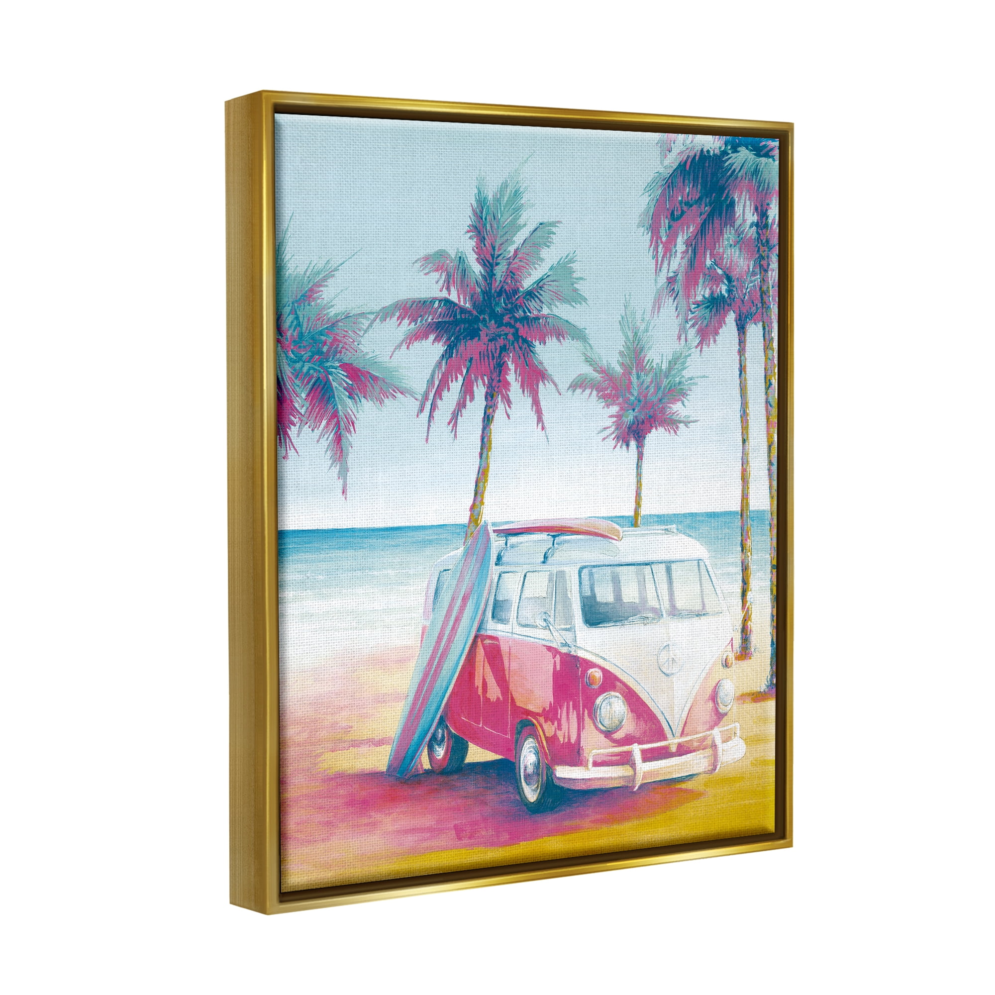 Stupell Industries Tropical Minibus on Beach Transportation Painting Gold Floater Framed Canvas Art Print Wall Art, 17 x 21