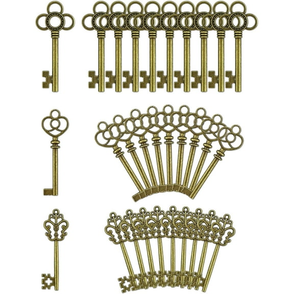 3 Type of 30 PCS Vintage Large Skeleton Key Set Charms, Mixed Antique Style Bronze Brass Key Set Charms for Pendant DIY Jewelry Making Wedding Party Favors