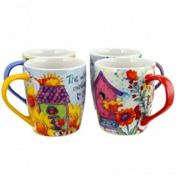 Gibson Home Ensemble de Tasses Florales Birdhouse de 18 oz à Motifs Assortis, Ensemble de 4