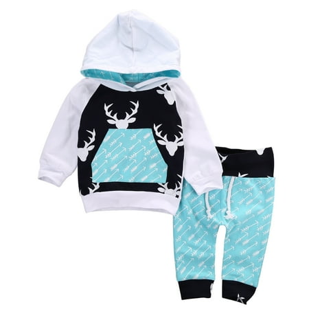 Toddler Infant Baby Boys Deer Long Sleeve Hoodie Tops Sweatsuit Pants Outfit Set