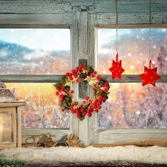 10cm Large Super Thick Prelit Christmas Wreath Realistic Feel with Warm Lights Timer Pine Cone Red Berries Double Frame Battery Operated WreChristmas Wreath Decorations -Pine Wreath with Vintage Char