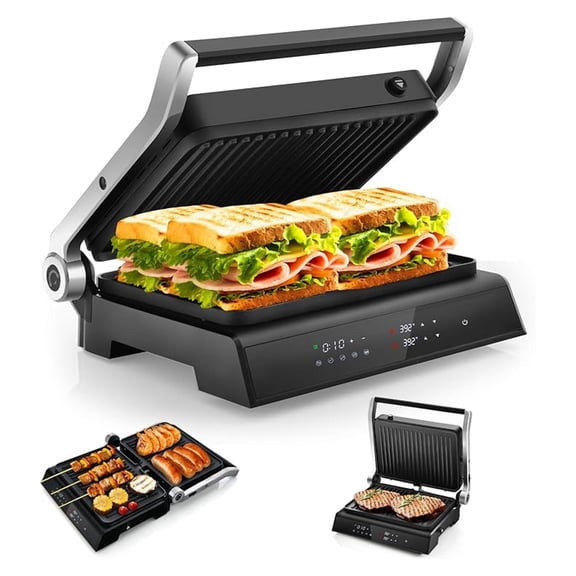 Panini Grill Press Sandwich Maker, w/5 Auto Cooking Modes & LED Display, 1200W Electric Indoor Grill with Removable Plates & Drip Tray, 3 in 1 Panini Press Grill for Breakfast