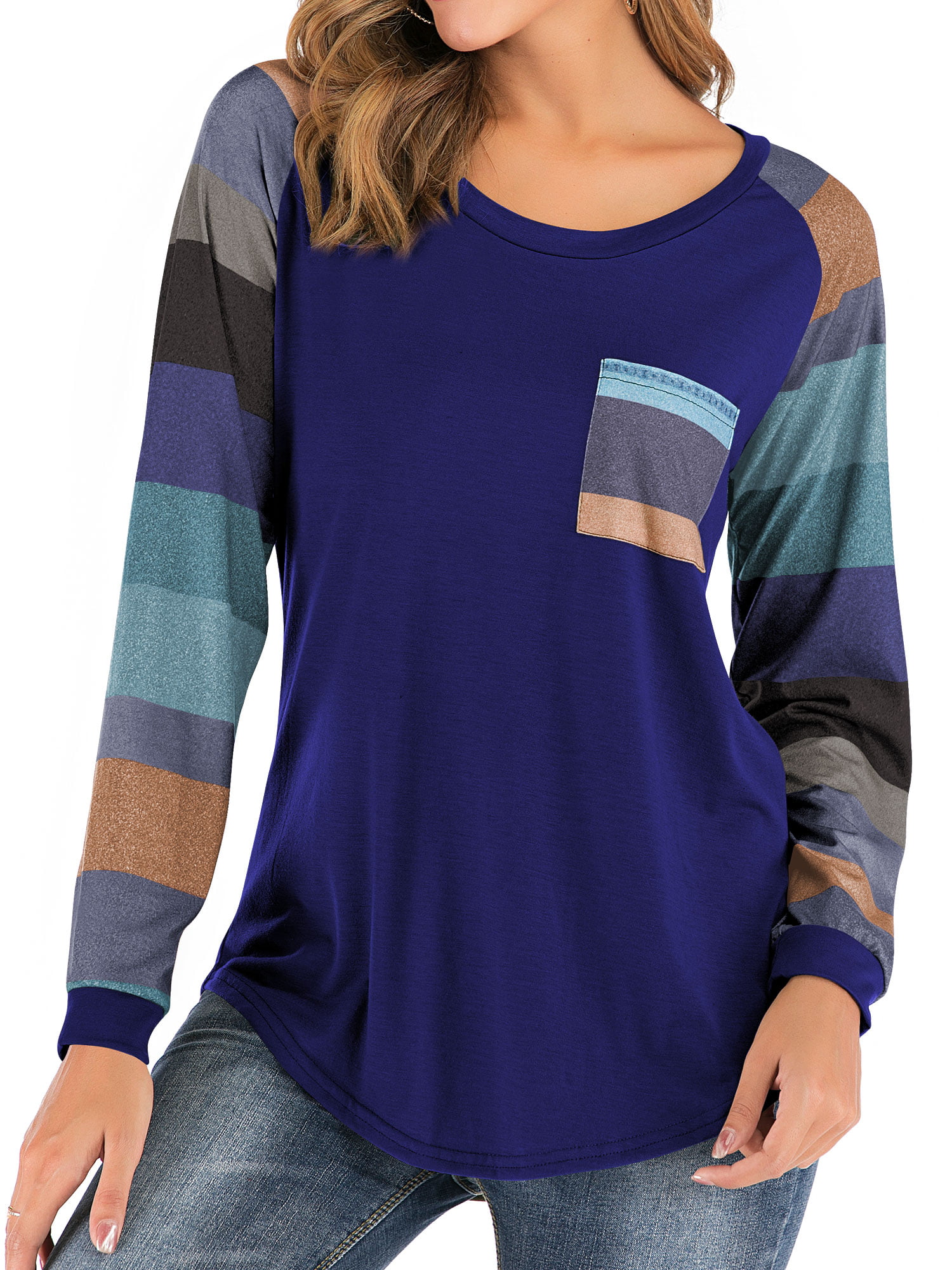 711ONLINESTORE - Women Round Neck Long Sleeves Color Block Tunic Shirt