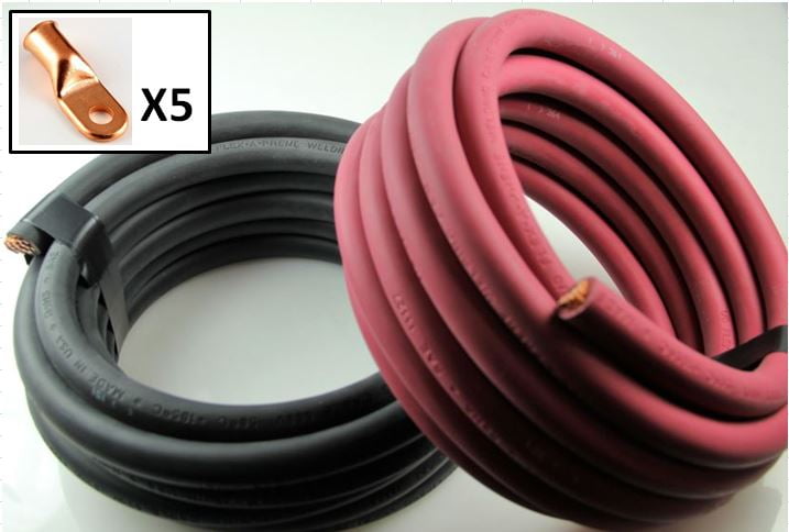 Crimp Supply Ultra-Flexible Car Battery/Welding Cable 2/0 Gauge - and 5 Copper Lugs 10 Feet Red/10 Feet Black 