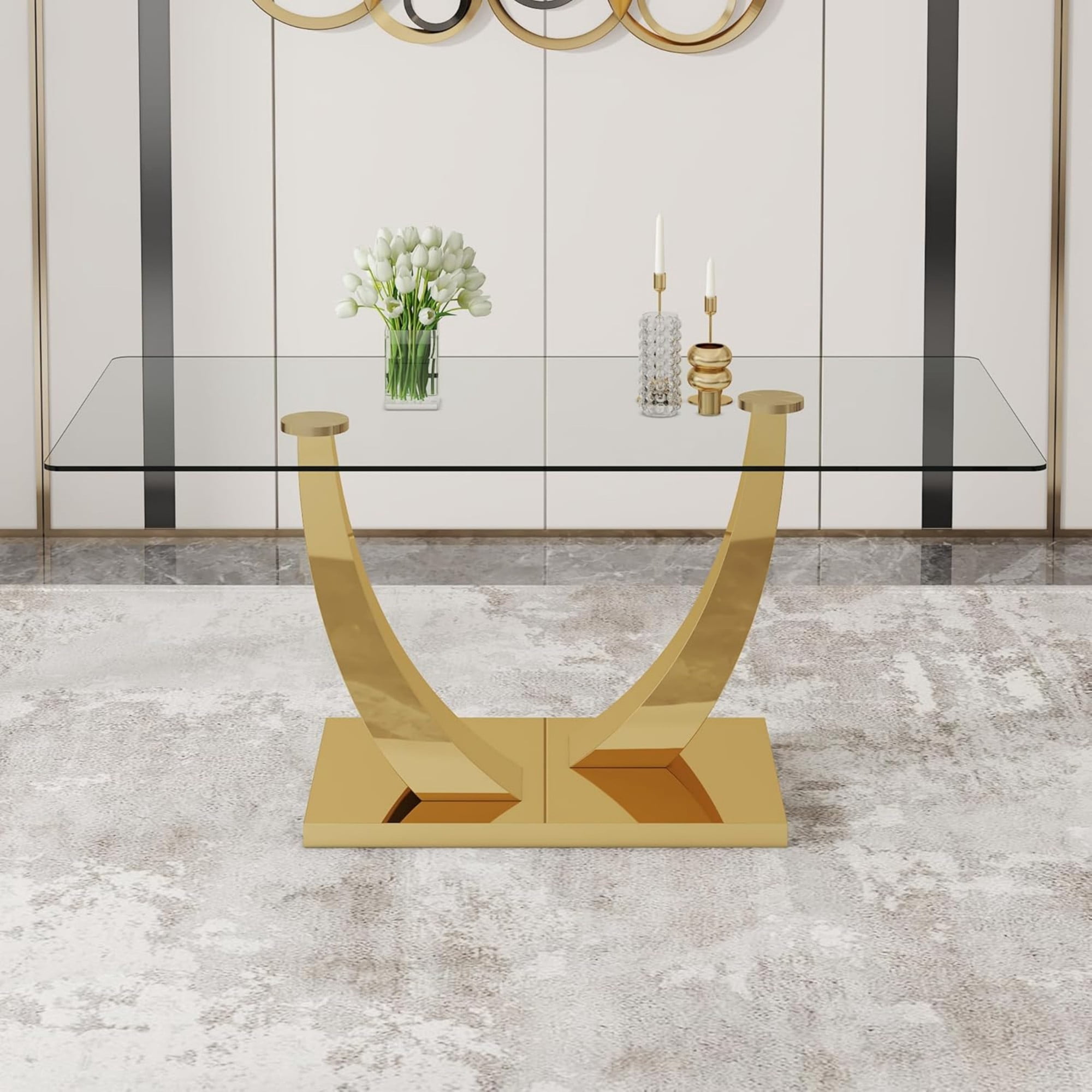 SUDICA 63 in Glass Dining Table, Rectangular Clear Tempered Top with Gold U-Shaped Base for Home Dining Room Office