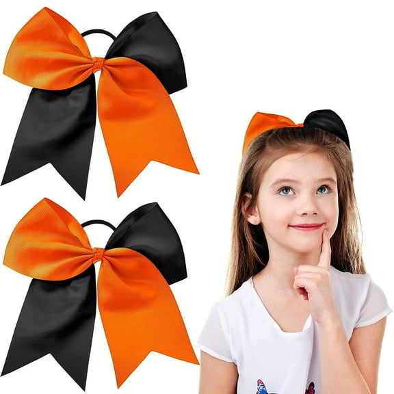 2 Packs Cheerleading Bow 8 Inch Cheer Hair Bows Large Cheerleading Hair Bows with Ponytail Holder for Teen Girls Softball Cheerleader Outfit Uniform (Orange and Black)