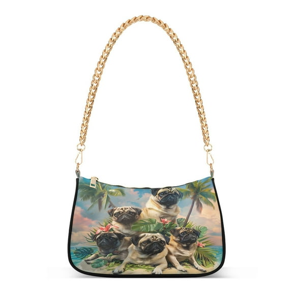 Ryvnso Pug Dog on Island Womens Chain Shoulder Bag Tote Handbags Clutch Hobo Purse with Zipper for Travel