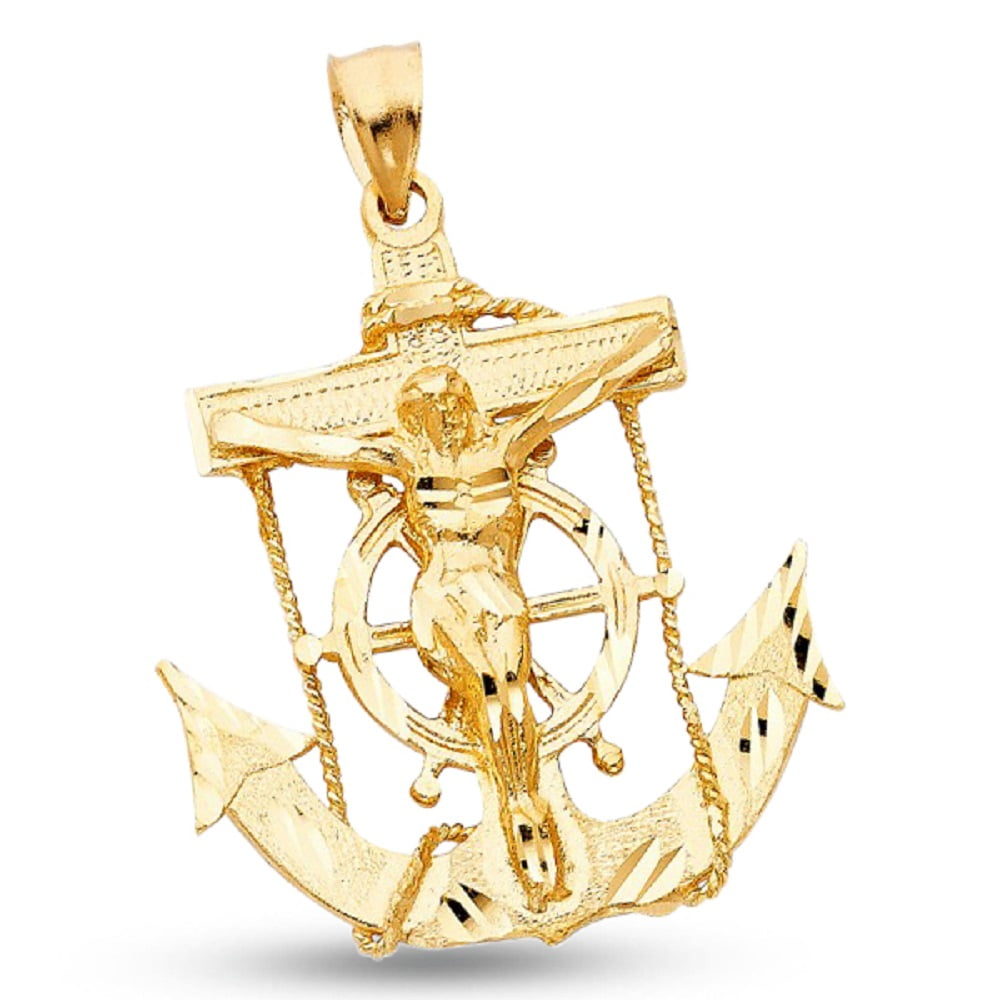 GemApex - Solid 14k Yellow Gold Jesus Cross Anchor Pendant ...