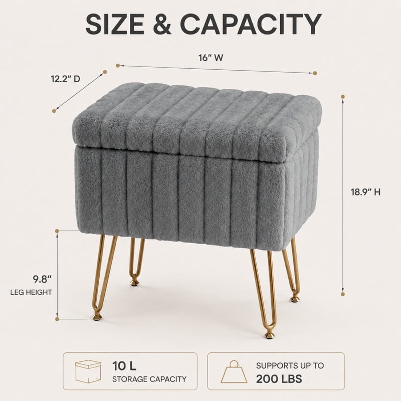 BEAUTYPEAK Vanity Stool with Storage Faux Fur Padded Makeup Ottoman with Gold Metal Legs and Adjustable Feet 18.9" Footstool, Gray