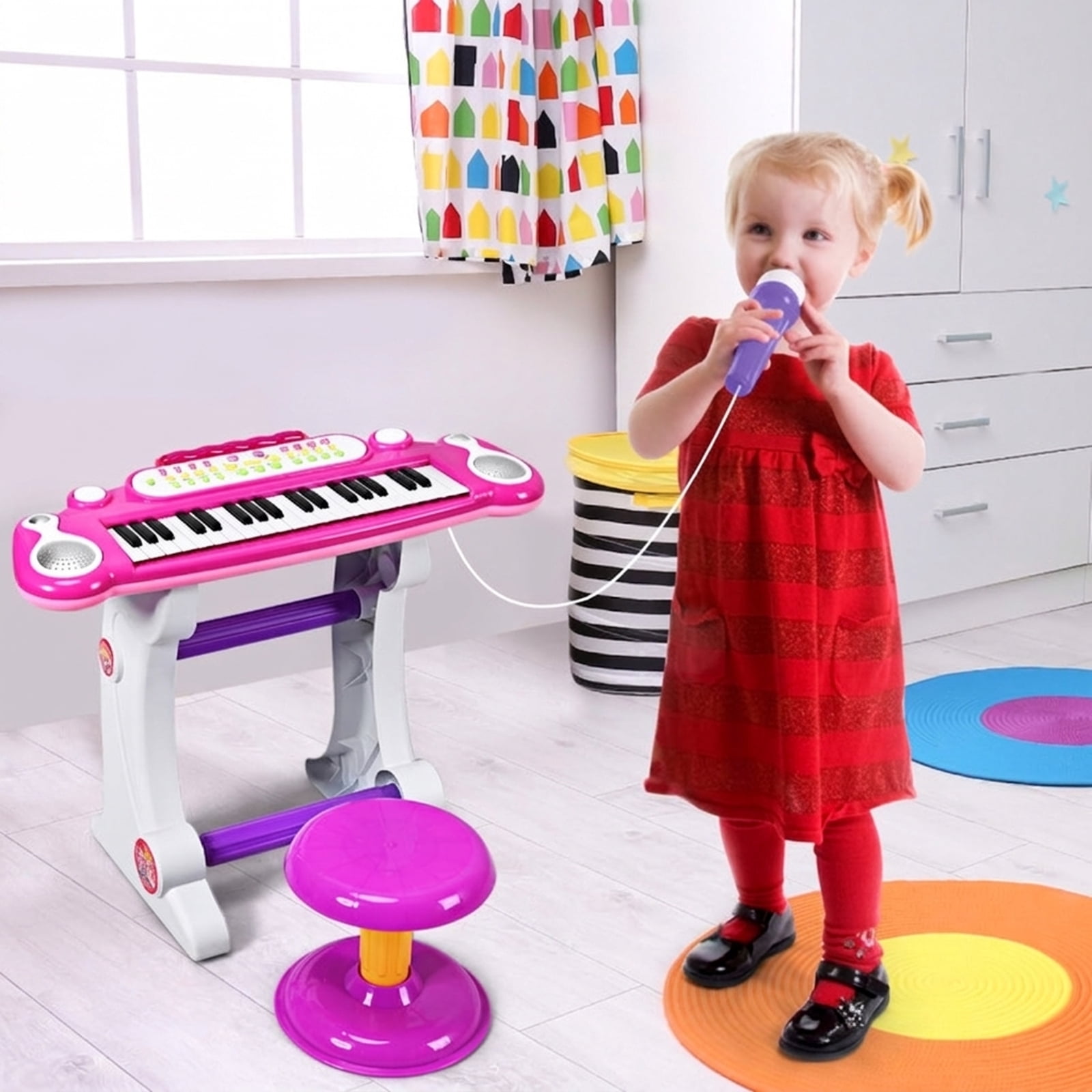 Redsmile 37-Key Kids Piano Keyboard with Microphone and Recording plus Matching Stool for Toddlers to Sing and Play at Home, Pink