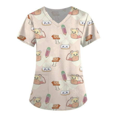 

TKing Fashion Women Plus Size Scrubs Top V-Neck Short Sleeve Animal Print Pockets Work Blouse for Women Beige S