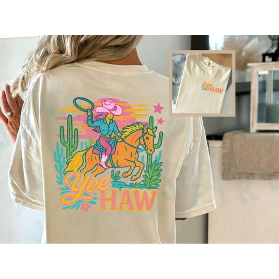 Edgy Cowgirl Yee Haw Shirt, Neon Shirt, Colorful Western Graphic Tee, Summer Pink Cowboy Hat Party, Wild West Wear, Country Nashville Shirt