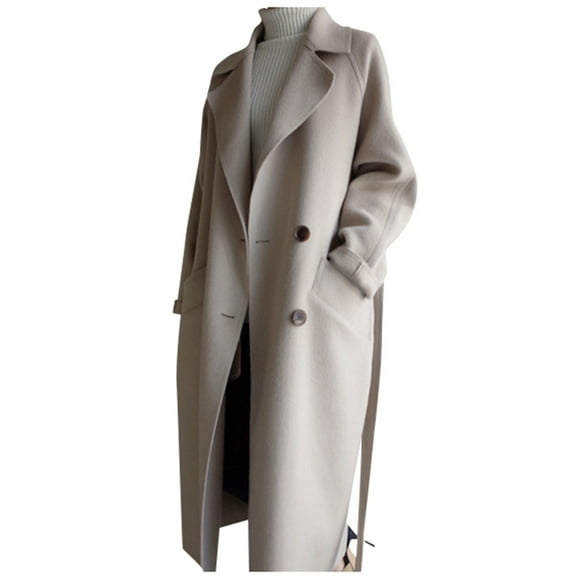 Womens Oversize Lapel Cashmere Wool Blend Belt Trench Coat Outwear Jacket White M