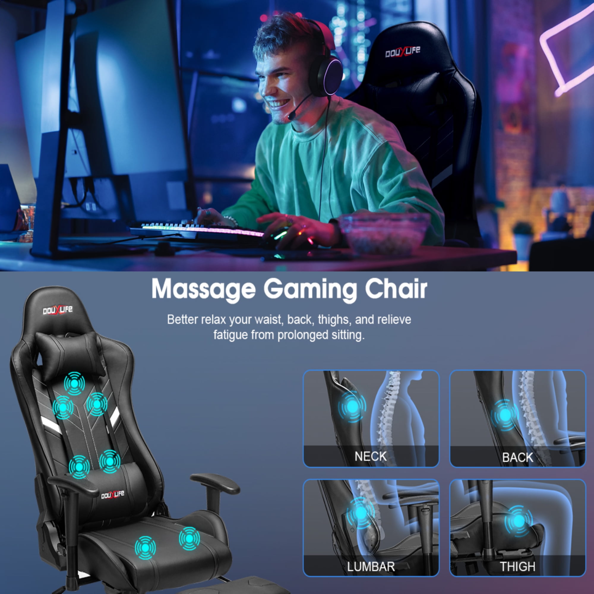 Douxlife 7-Point Massage Gaming Chair with Footrest, 175° Reclining, Ergonomic Racing High Back Home Office Computer Chair, Video Game Chair for Adults Kids